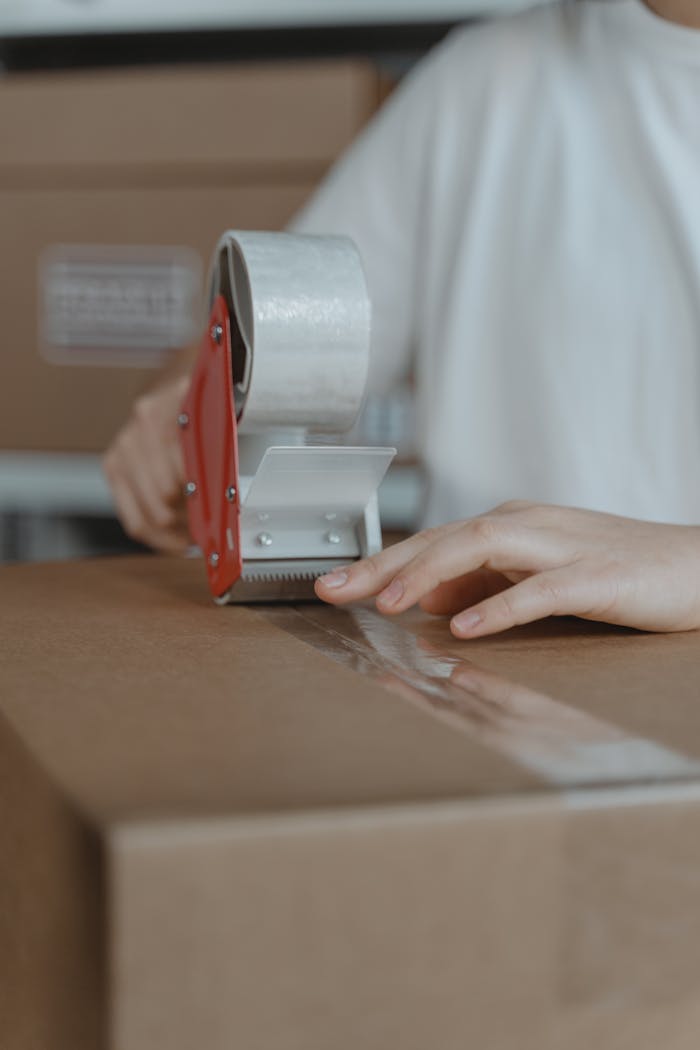 our-story A person sealing a cardboard box with a tape dispenser in an indoor setting.